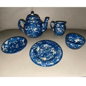 Rare 1987 Signed Barb Hall Miniature 5pc Blue Spongeware Tea Set "Teeny" Pottery
